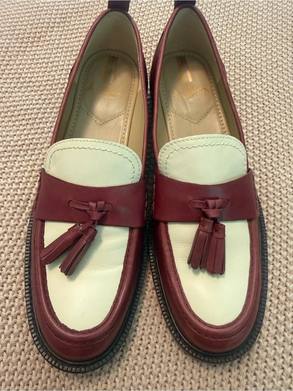 Sam Edelman Caylia Tassel Loafers in Burgundy and White Leather size 9.5